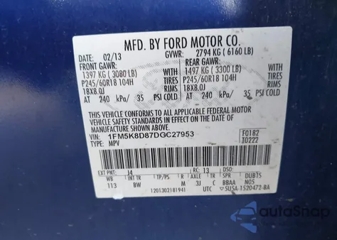 2013 Ford Explorer Xlt из США, поврежденный, VIN 1FM5K8D87DGC27953